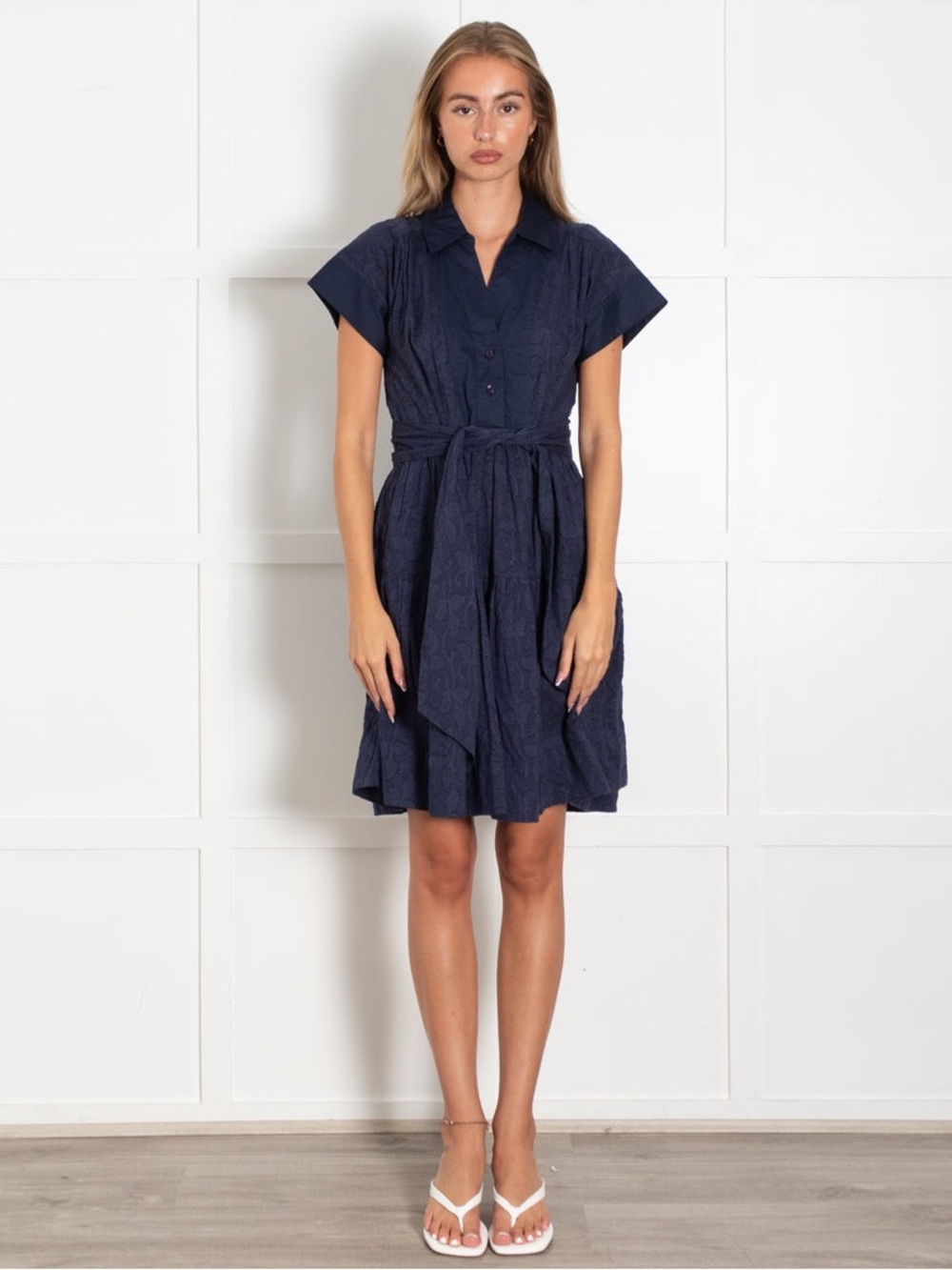 Me+Em Navy Collared Short Dress With Tie Belt NWT
